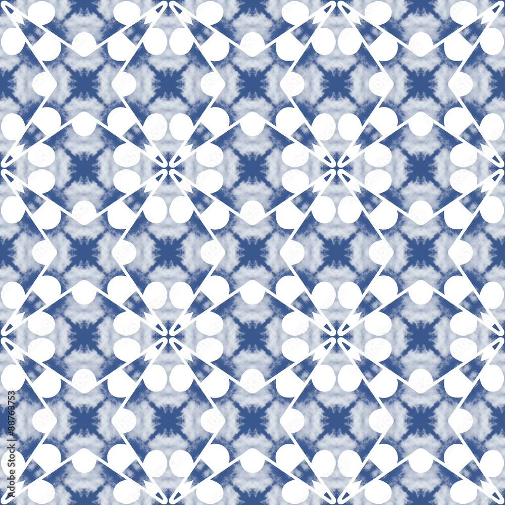 Fototapeta premium Blue and white seamless pattern. Seamlessly repeating ornamental wallpaper or textile pattern, with cloud and floral motives. 