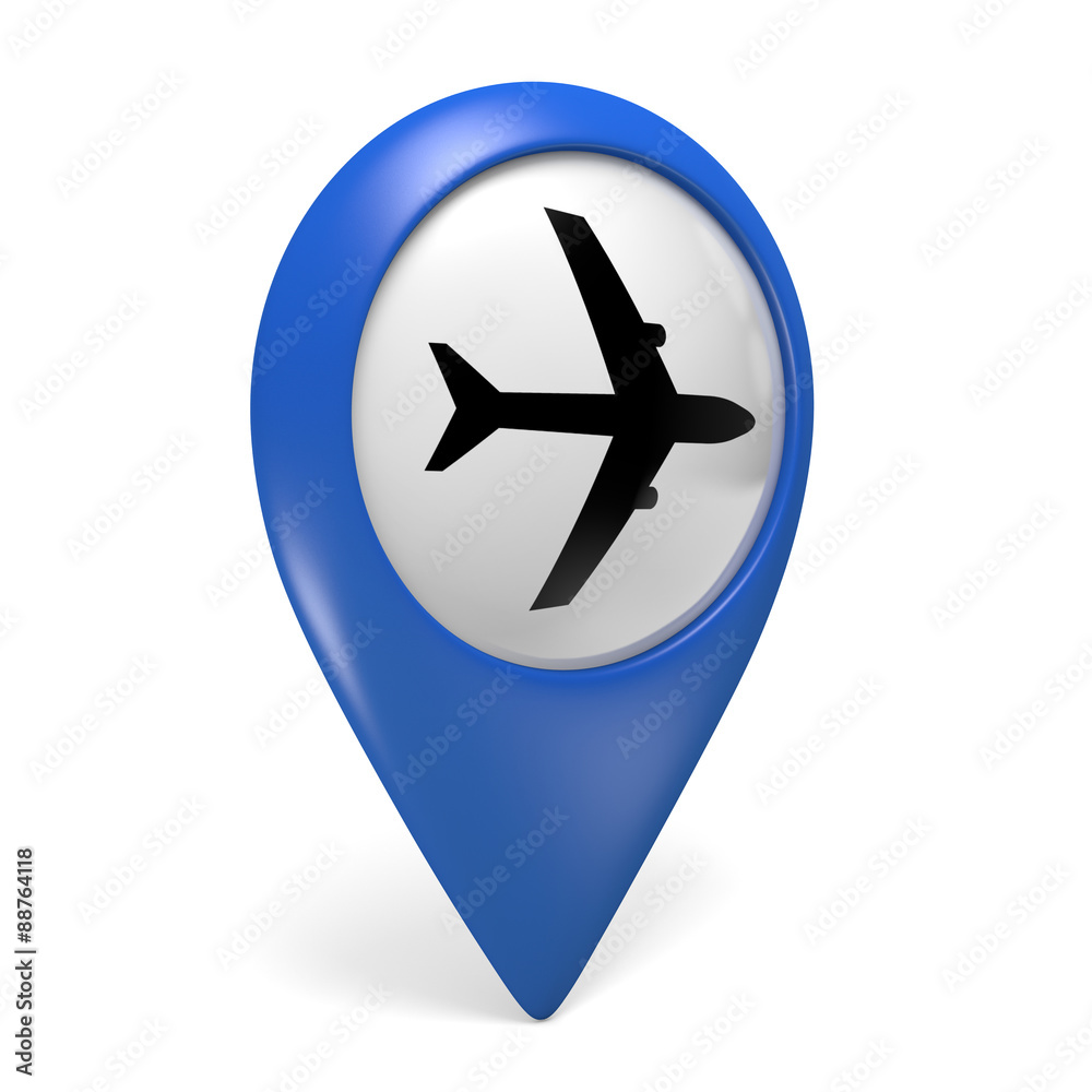 Blue map pointer 3D icon with a plane symbol for airports Blue map pointer 3D icon with a plane symbol for airports