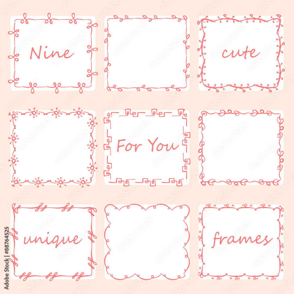 Set of nine square doodles frames.