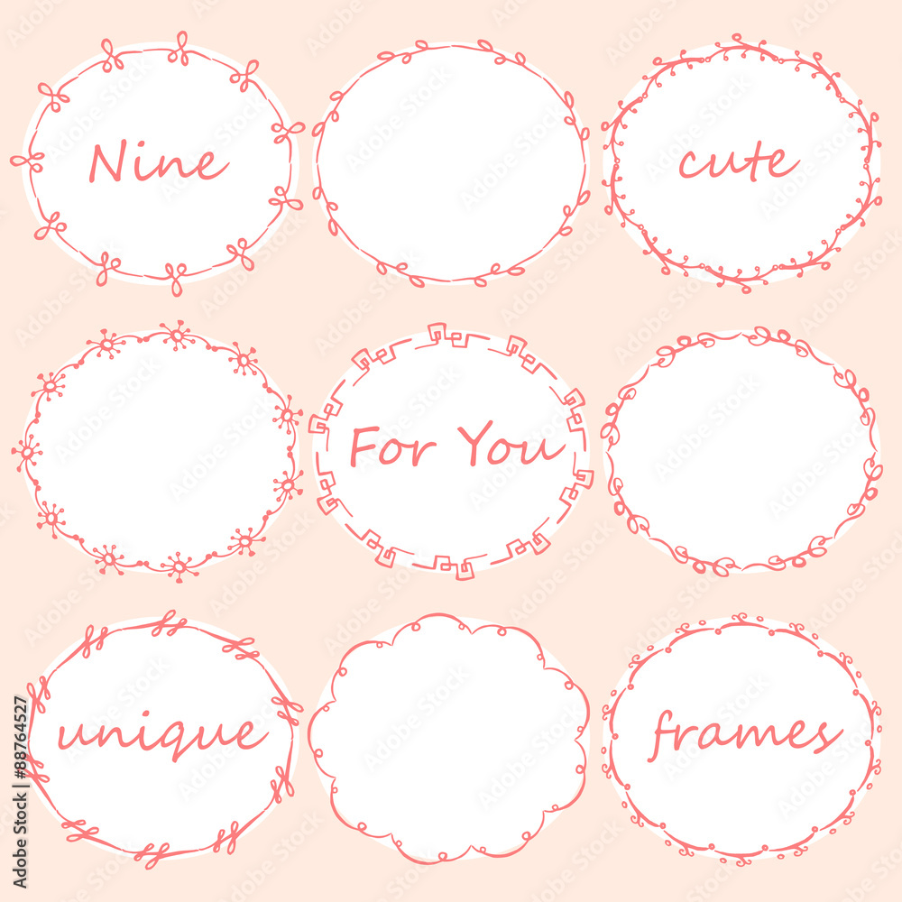 Set of nine round doodles frames.