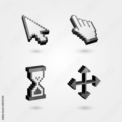 Set of 3d pixel cursors icons: hand, hourglass, arrows. Isolated on light gray background. Vector Illustration.