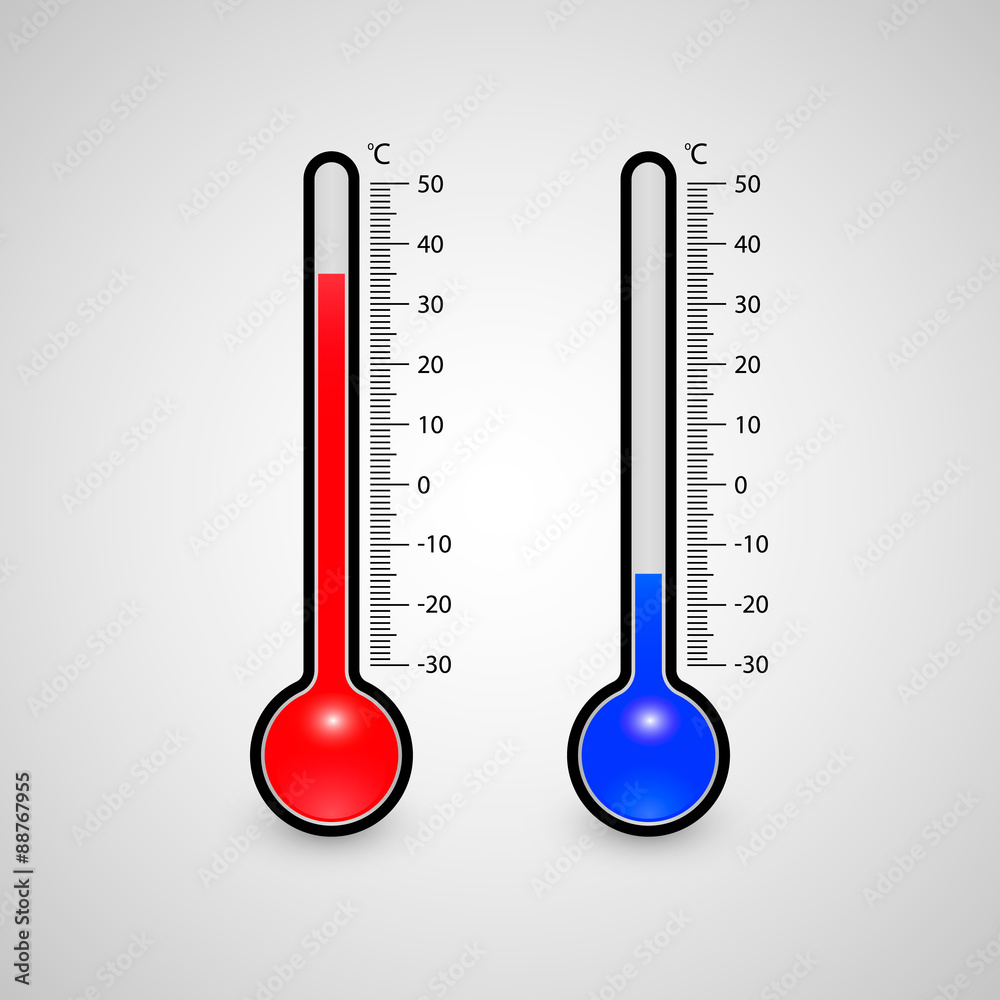 Glass thermometer with scale measuring heat and cold. Isolated on white background. Vector illustration. Glass thermometer with scale measuring heat and cold. Isolated on white background. Vector illustration.