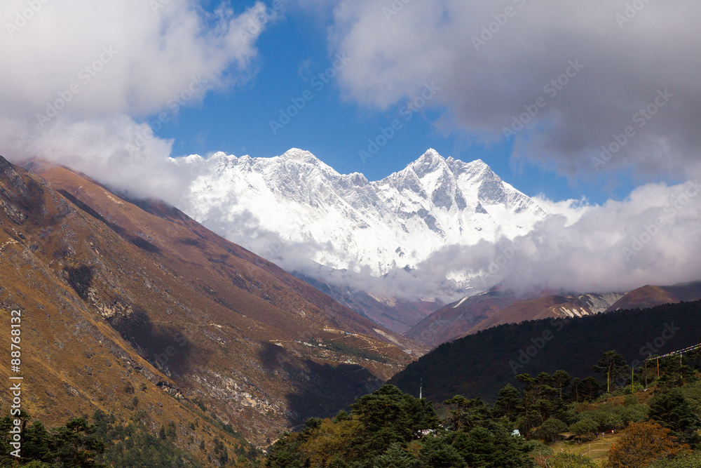 Everest Lhotse Nuptse mountains peaks ridge view, Tengboche vill