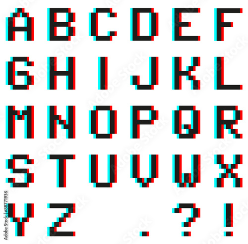 Pixel alphabet with Anaglyph 3D effect