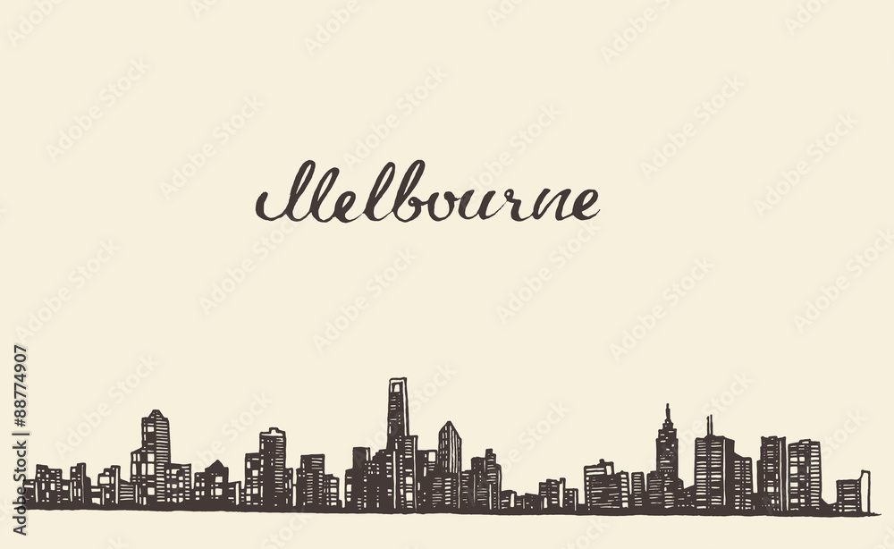 Melbourne skyline vector engraved drawn sketch