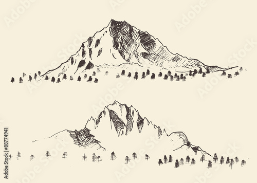 Mountains sketch contours engraving drawn vector