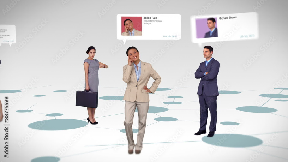 Business people with profile info standing on map 