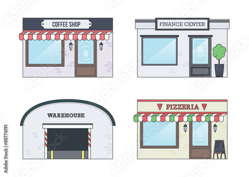 Set of Vector Flat Design illustrations of Facades of Buildings. Coffee Shop, Pizzeria, Finance Center and Warehouse Fronts.