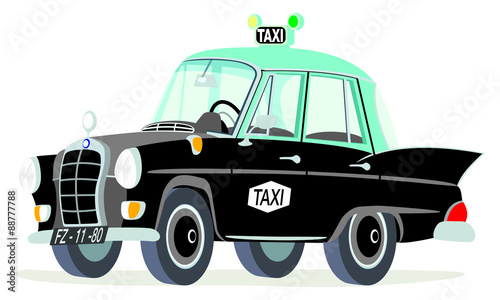 Caricatura Mercedes Benz W110-190D taxi Lisboa y verde negro vista frontal y lateral