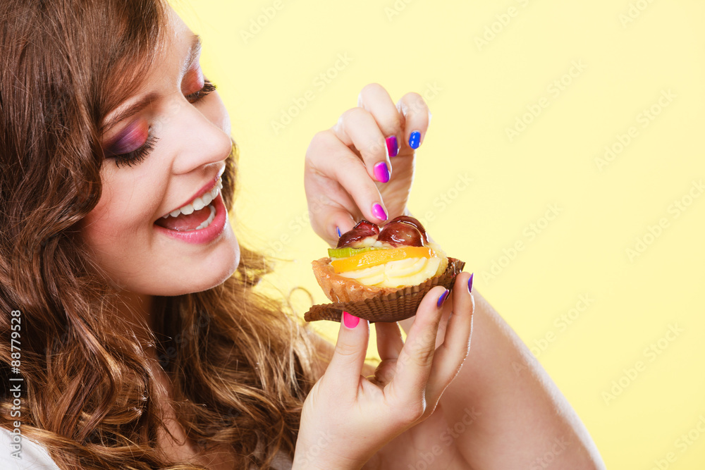 Closeup woman eating fruit cake sweet food Closeup woman eating fruit cake sweet food