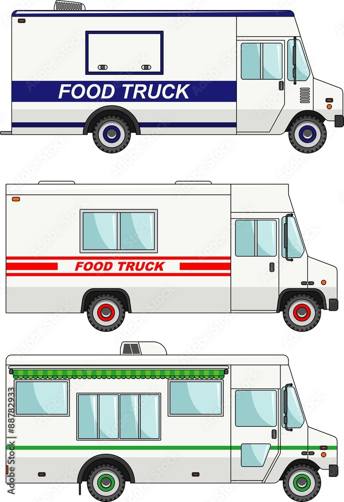 Set of food trucks isolated on white background in flat style. Vector illustration.