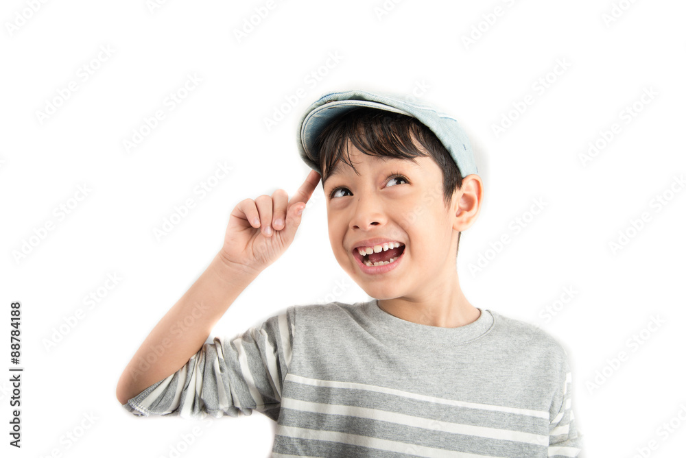 Little boy thinking surprise face get idea on white background Little boy thinking surprise face get idea on white background