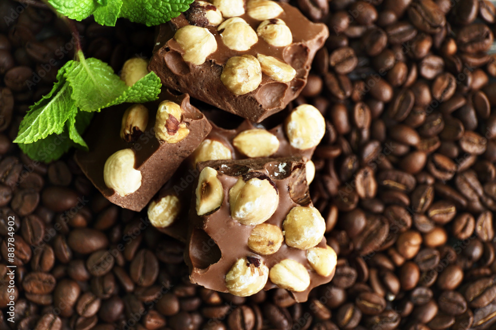 Chocolate with mint and coffee beans, closeup Chocolate with mint and coffee beans, closeup