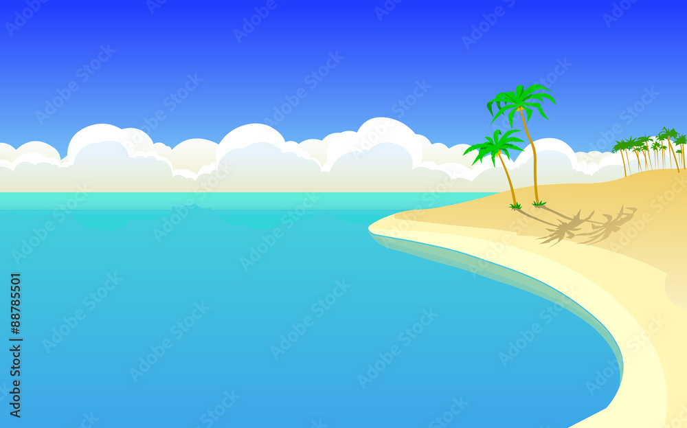 Vector illustration of a beautiful island with palms and the ocean, with a blue sky and the cumulus clouds in the background. Empty space leaves room for design elements or text.Poser.Postcard.