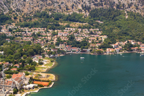 Landscape view on Boka Kotor Bay, old town and mountains in Montenegro