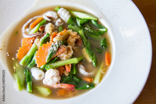 Photography Fried noodle with seafood and broccoli