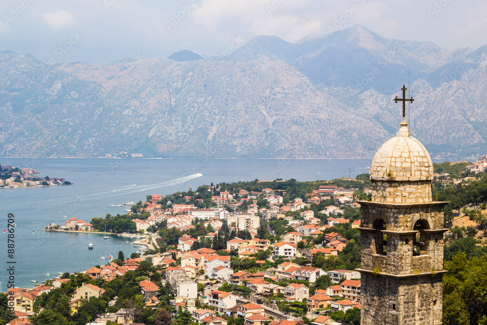 Landscape view on Boka Kotor Bay, old town and mountains  in Montenegro