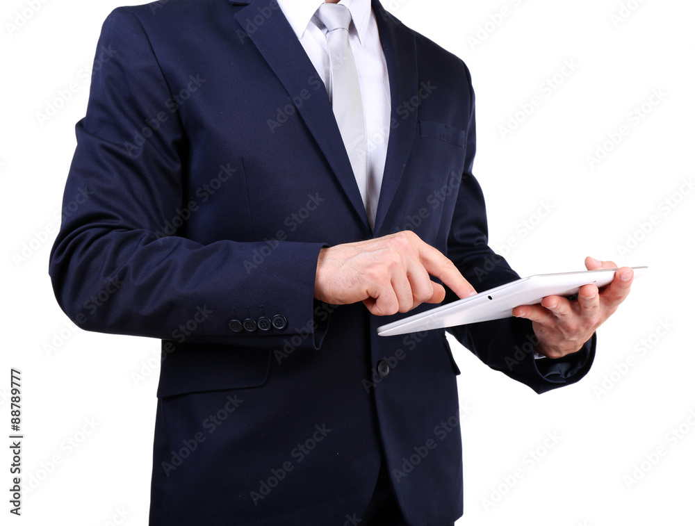 Elegant man in suit with tablet isolated on white Elegant man in suit with tablet isolated on white