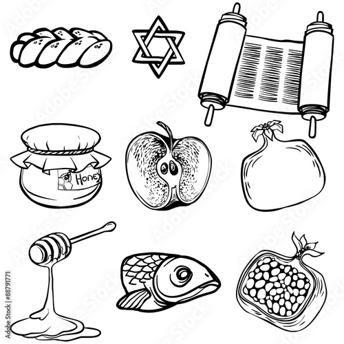 Symbols of Rosh Hashanah (Jewish New year). vector illustration