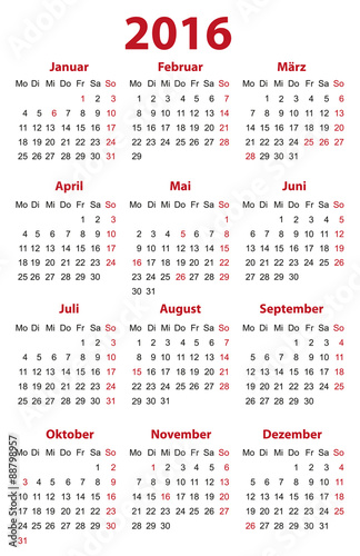 Kalender 2016 Visitenkartenformat, Vorlage