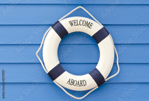 Life buoy  welcome aboard sign