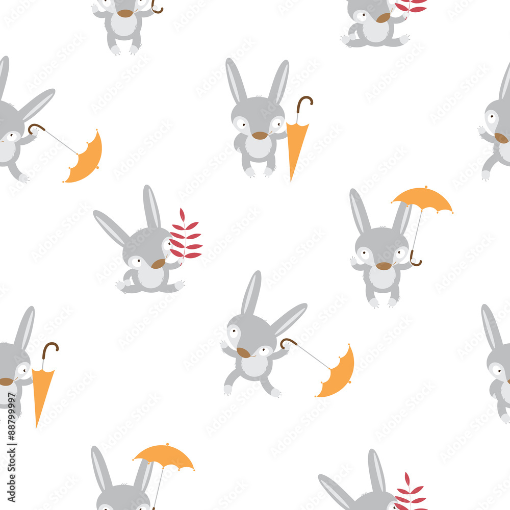 Autumn seamless pattern with cute cartoon hares and umbrellas on an ely background. Autumn seamless pattern with cute cartoon hares and umbrellas on an ely background.