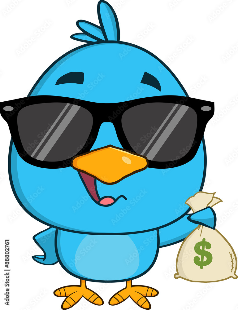 Blue Bird With Sunglasses Character Holding A Bag Of Money
