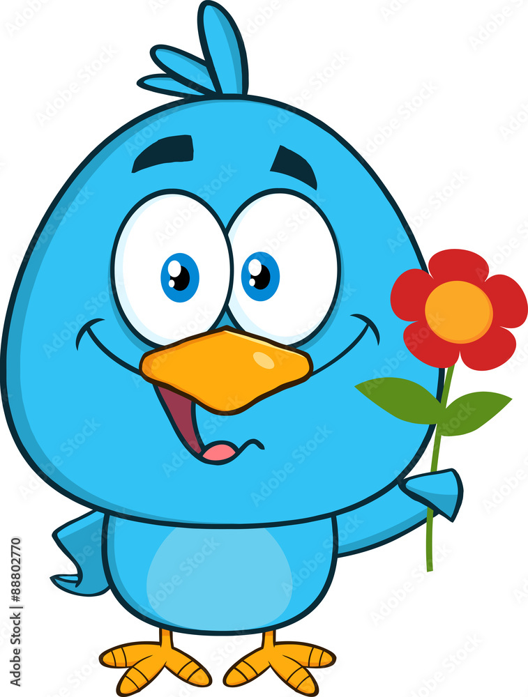 Happy Blue Bird Character With A Red Daisy Flower Happy Blue Bird Character With A Red Daisy Flower