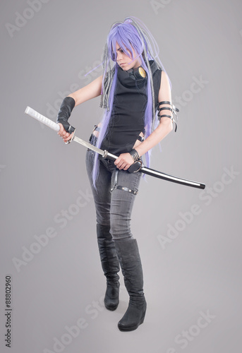 Vászonkép Female fantasy warrior / Female warrior with sword and gas mask isolated on the