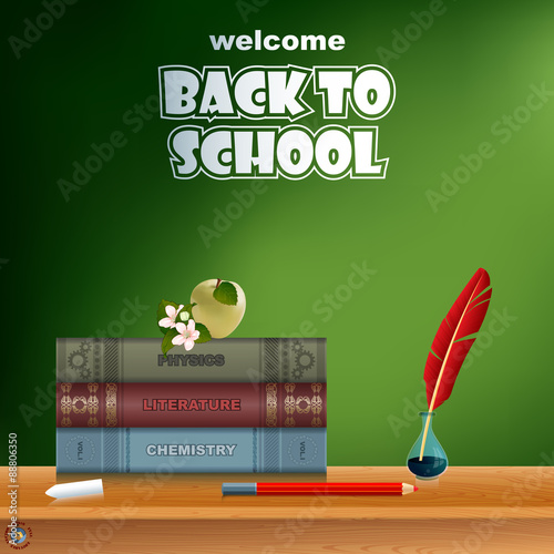 
Back to school, design template with school books, feather in ink bottle, chalk, pencil, apple, flower on desk and space for text