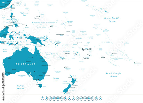 Australia and Oceania - map and navigation labels - illustration. Image contains land contours  country and land names  city names   water object names  navigation icons.