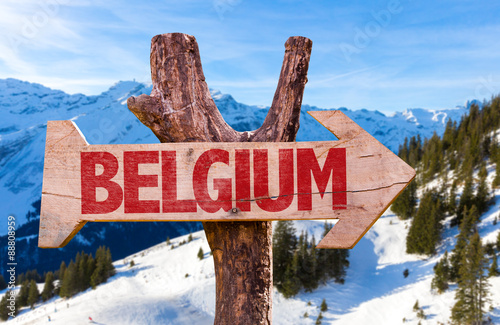 Belgium wooden wooden sign with winter background