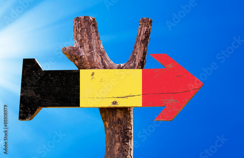 Belgium Flag wooden sign with sky background