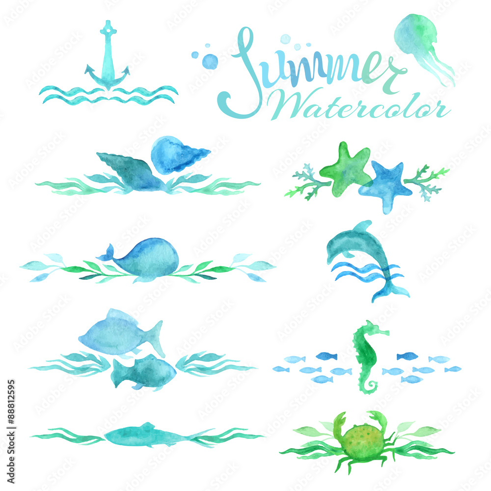 Naklejka premium Vector set of watercolor ocean page decorations and dividers.