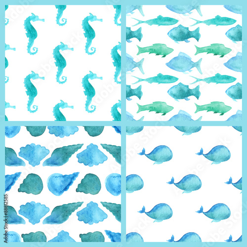 Set of watercolor marine boundless patterns.