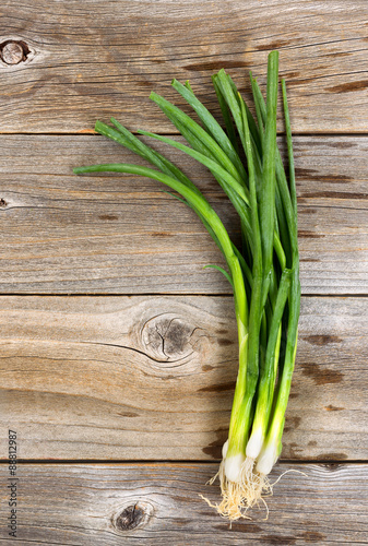 Green onions on rustic wooden boards