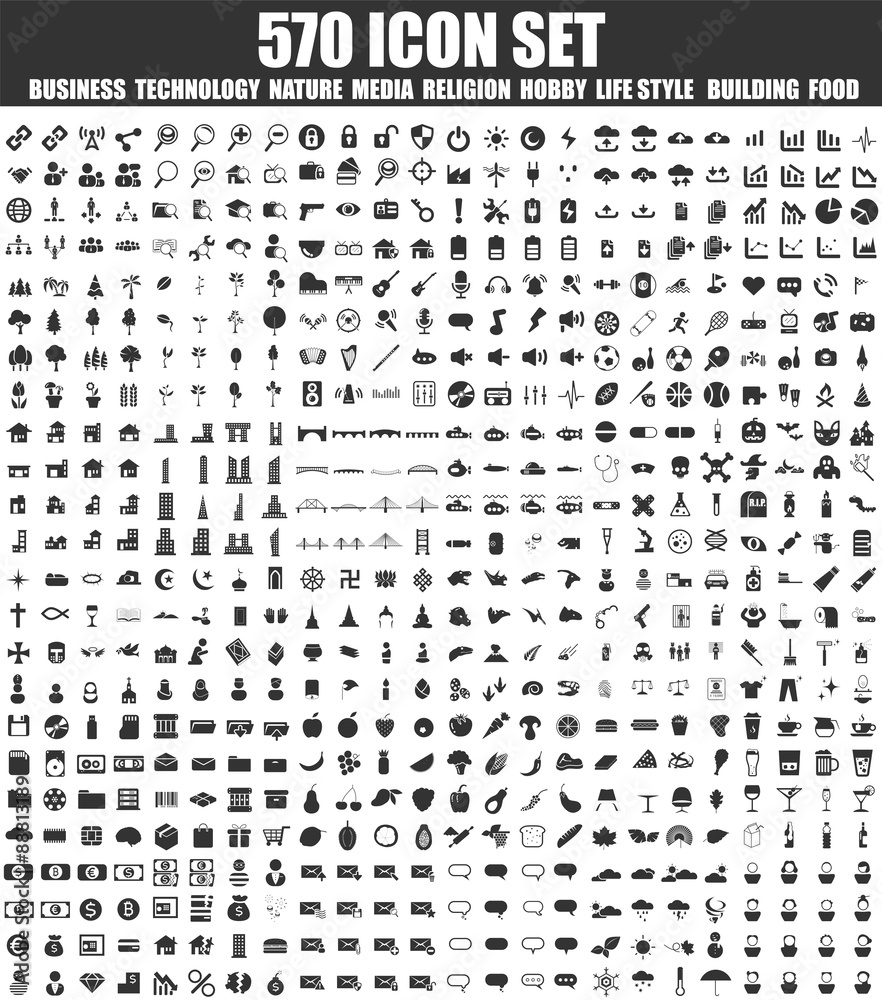 Set of  Business Technology nature Media Religion Hobby Lifestyle Building and food icon