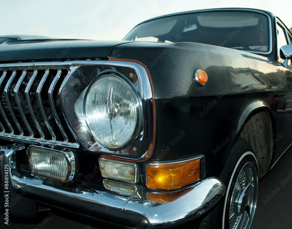 Black retro car close up view