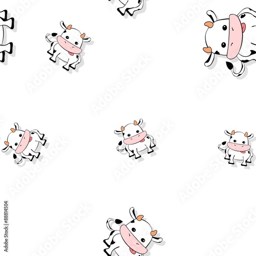 Seamless cartoon cow pattern with drop shadow on white