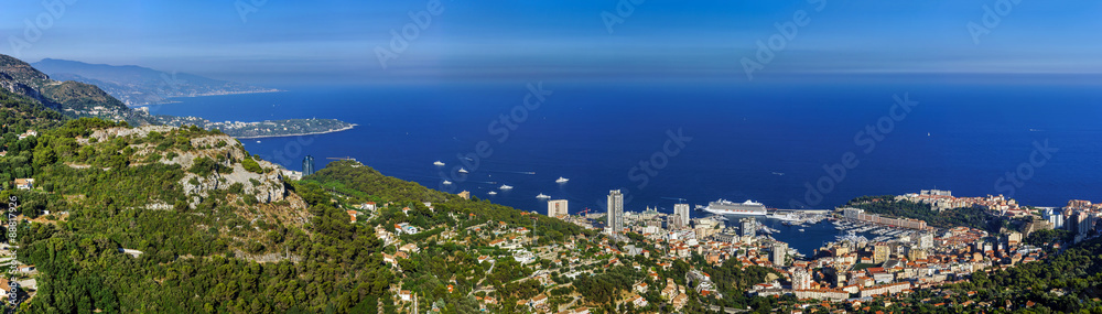 Monaco bird-fly panoramic view from high mountain