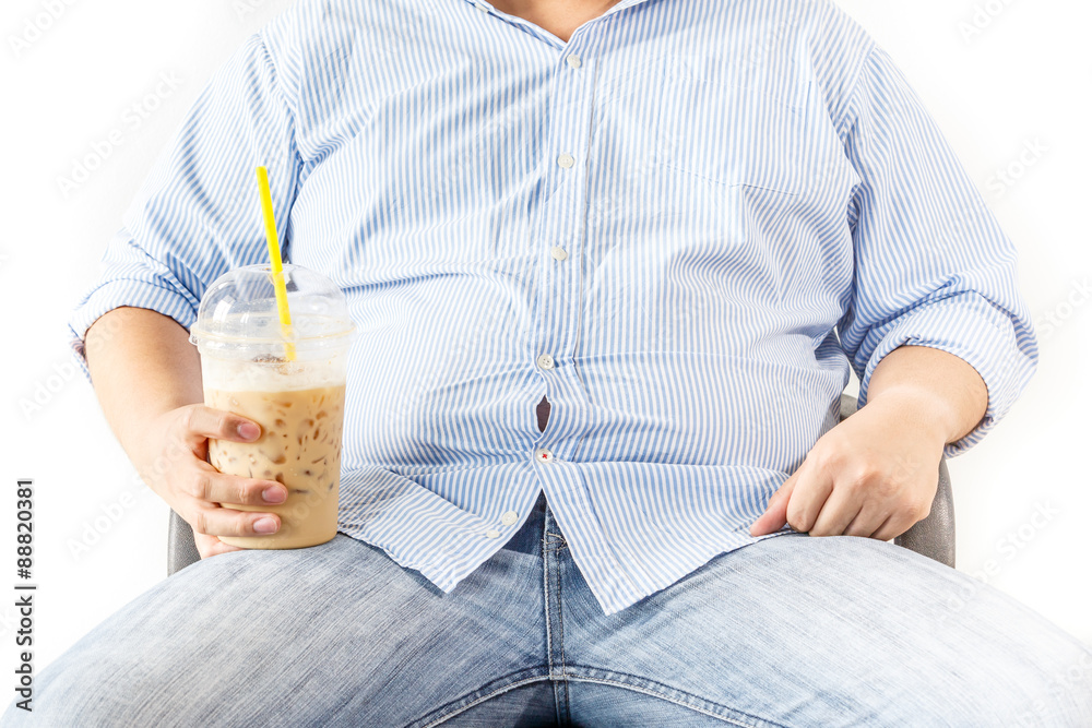 Fat man with coffee on white background