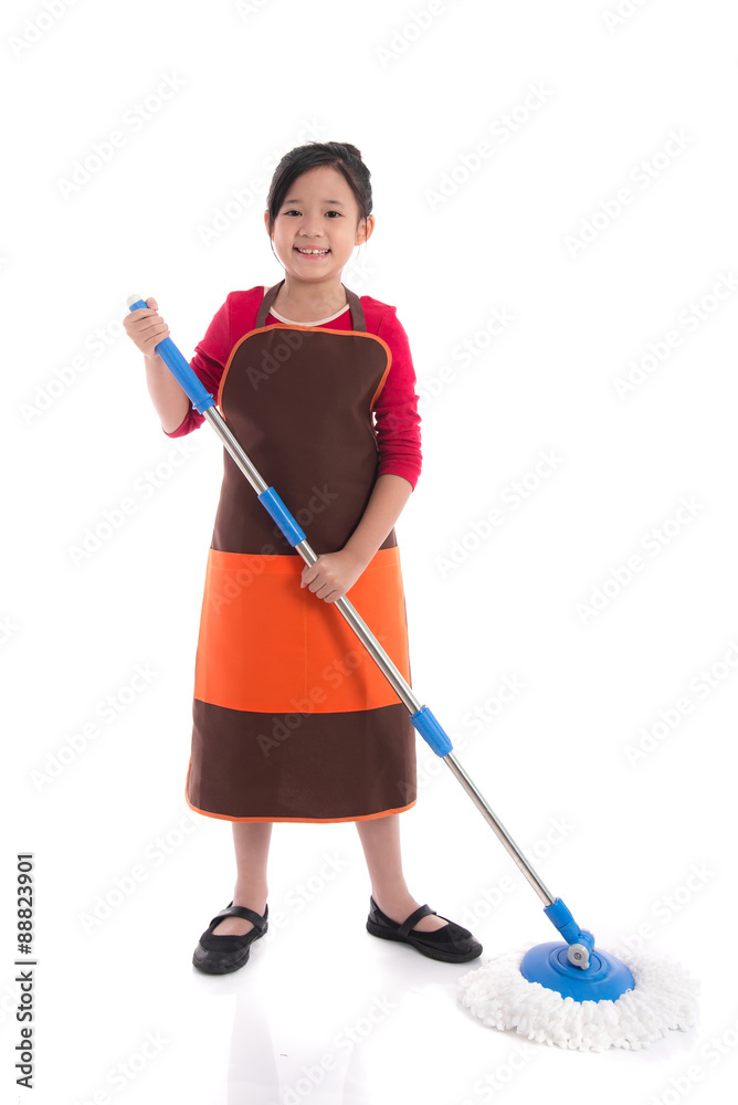 Portrait of beautiful asian girl cleaning with mop Portrait of beautiful asian girl cleaning with mop