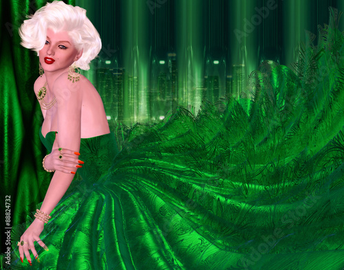 Blonde bombshell in green evening gown against matching green abstract background. photo