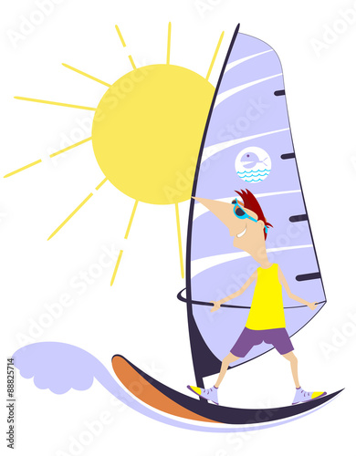 Comic man goes in for windsurfing