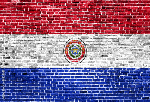 Flag of Paraguay painted on brick wall, background texture