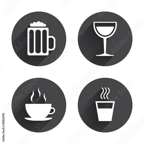 Drinks signs. Coffee cup, glass of beer icons.