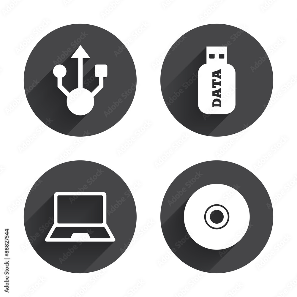 Usb flash drive icons. Notebook or Laptop pc. Usb flash drive icons. Notebook or Laptop pc.
