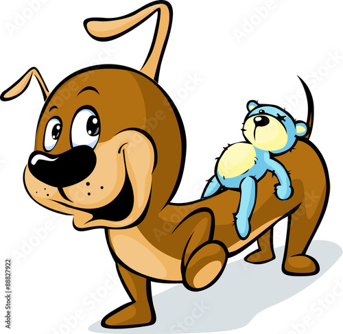 Cute Dachshund carries on his back a teddy bear isolated on white - vector illustration