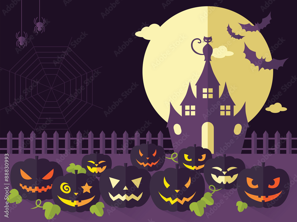 Halloween background with full moon, pumpkins