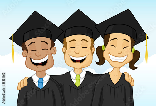 Happy multiracial graduates vector cartoon illustration